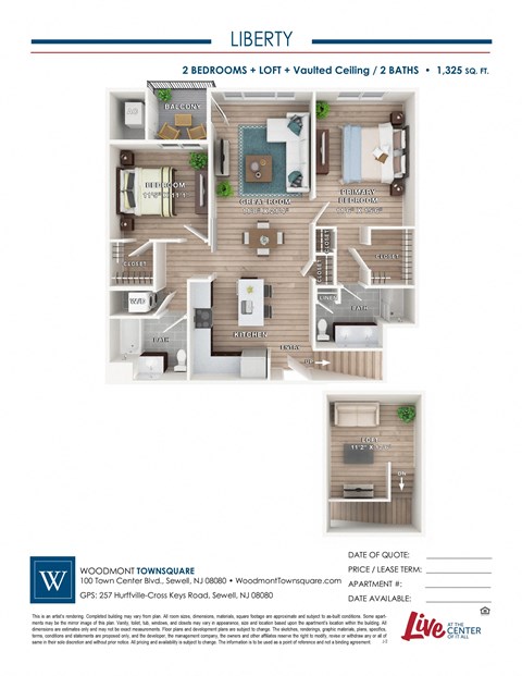 Floor plan for 2 beds, 2 baths, 1325 sqft